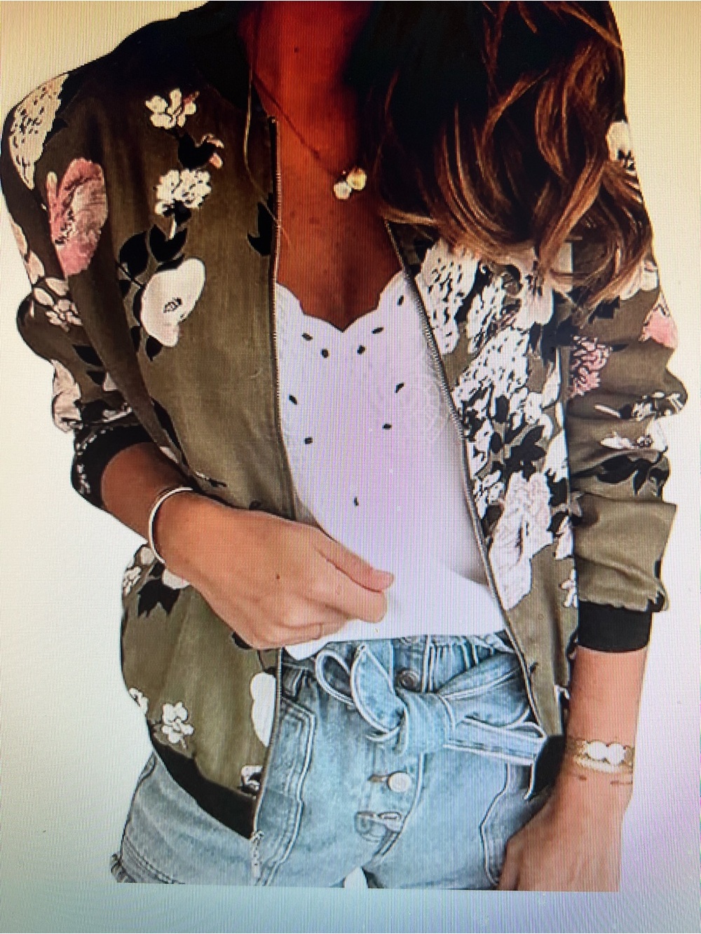 Floral Army Green Bomber Jacket - Women's Lightweight Zip